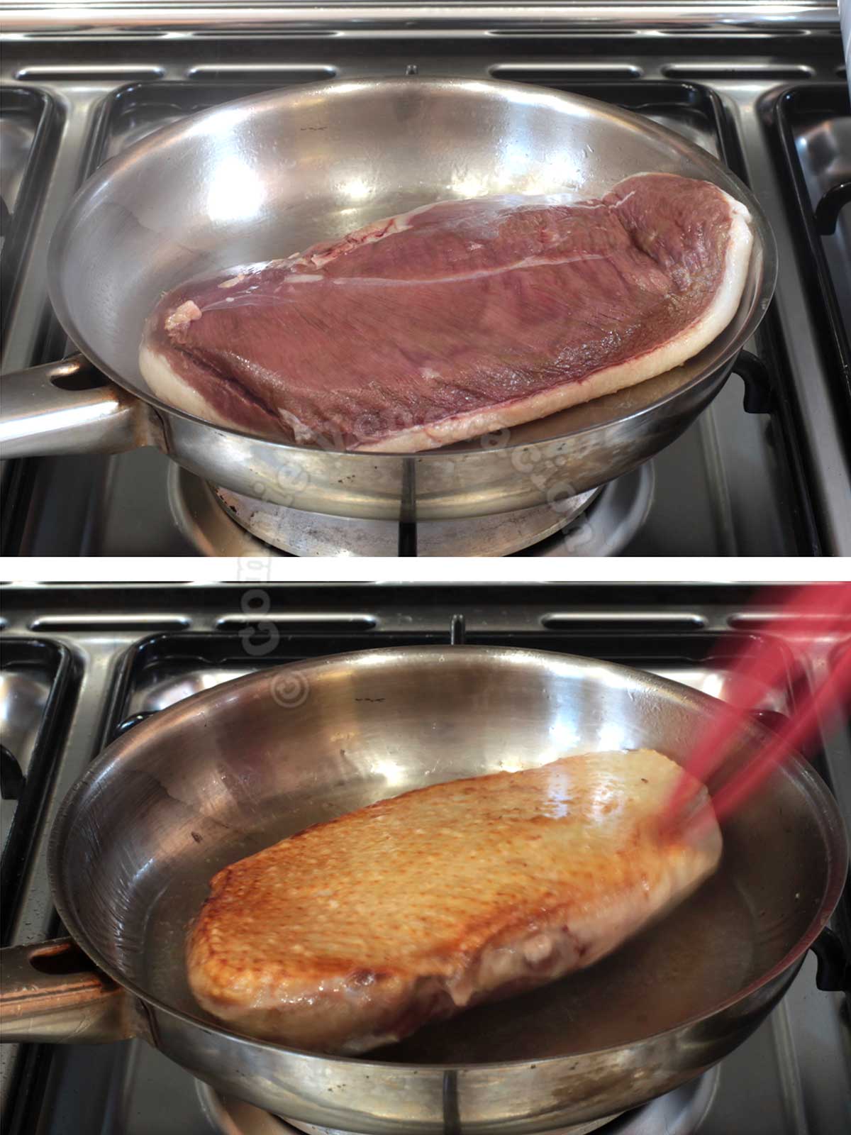 Searing a duck breast fillet in a frying pan