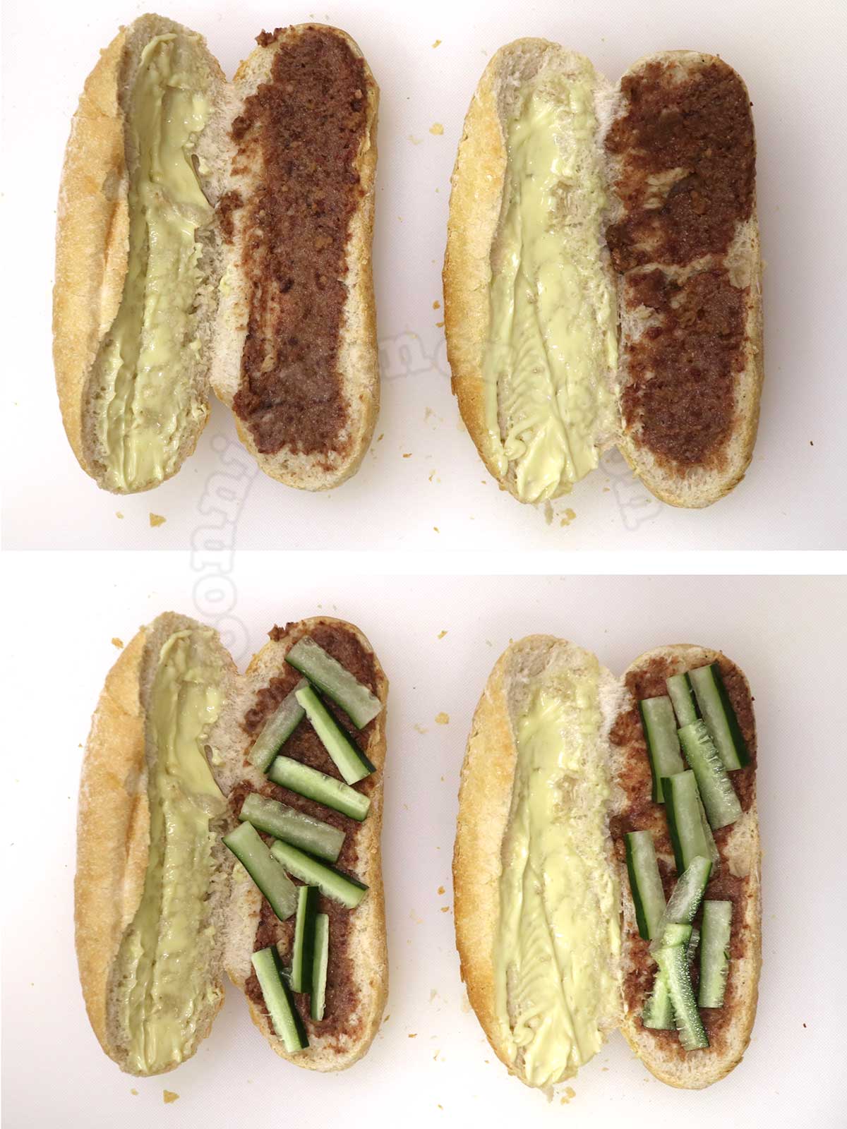 Split baguette spread with mayo and liver pate