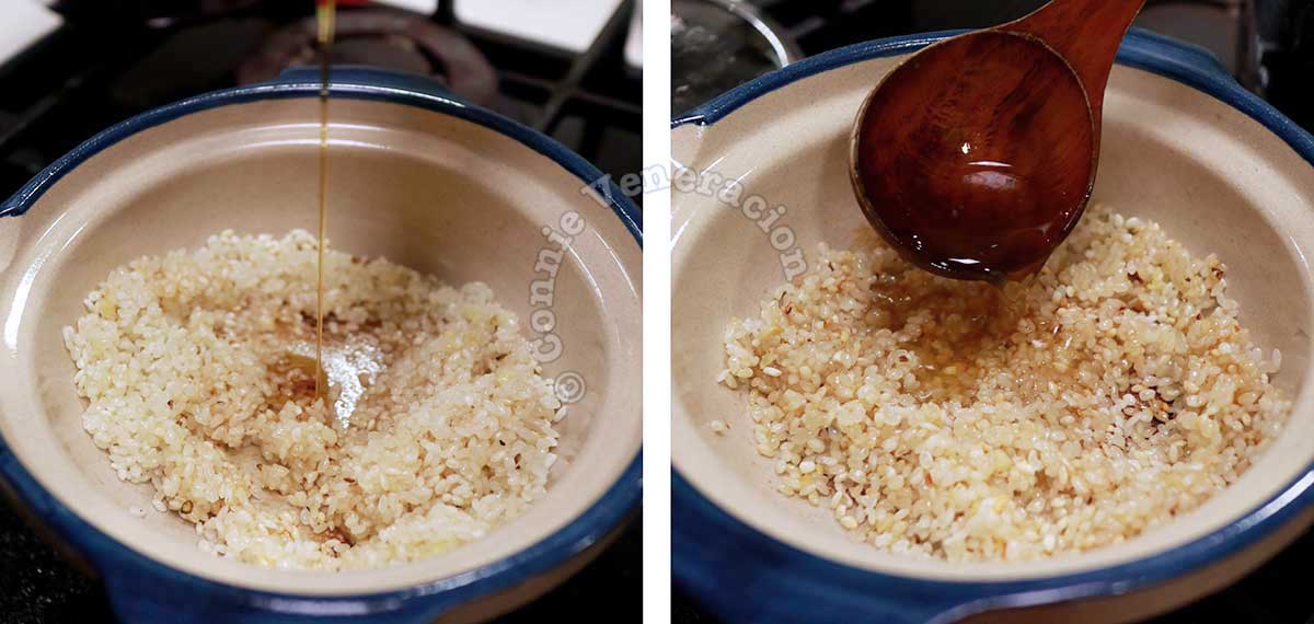Adding liquid to rice in claypot