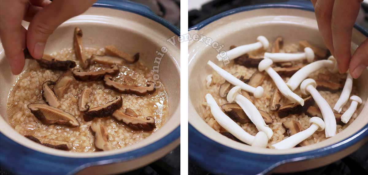 Adding shiitake and shimeji to partially cooked rice in claypot