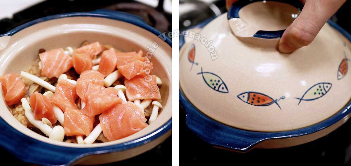 Adding salmon to rice and mushrooms in claypot