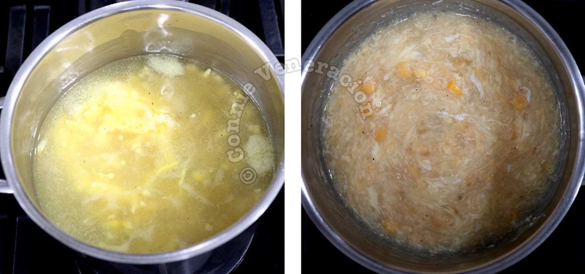 Mixing beaten egg into thickened corn sauce