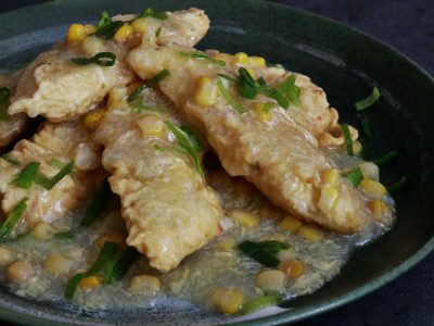 Chinese fried fish fillets with corn sauce