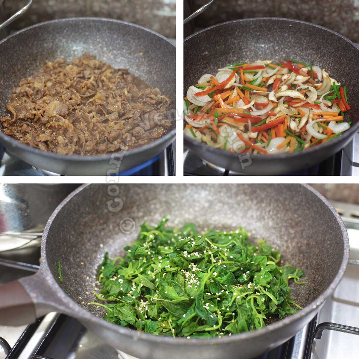 Stir frying beef and vegetables for japchae