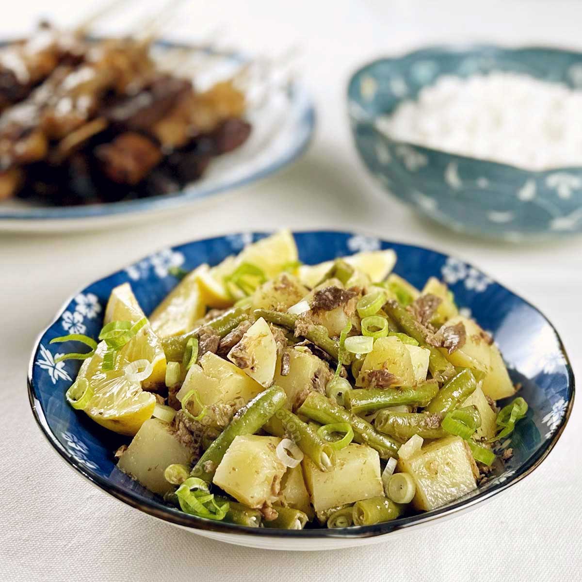 Potatoes and green beans salad with tinapa (smoked fish)