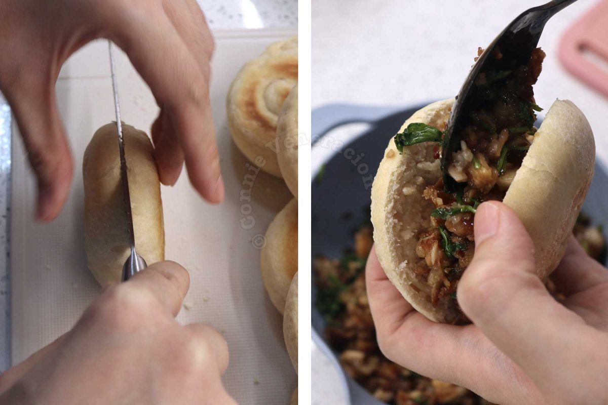 Stuffing a bun with minced pork belly