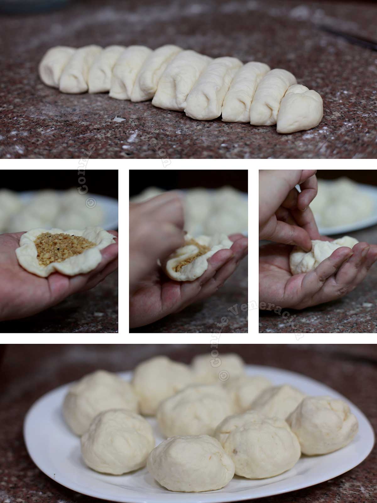 Stuffing risen dough with nut-sugar mixture to make hotteok