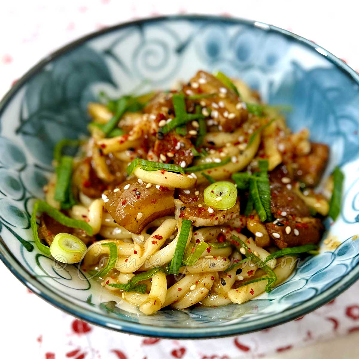 Udon and pork with chili peanut sauce