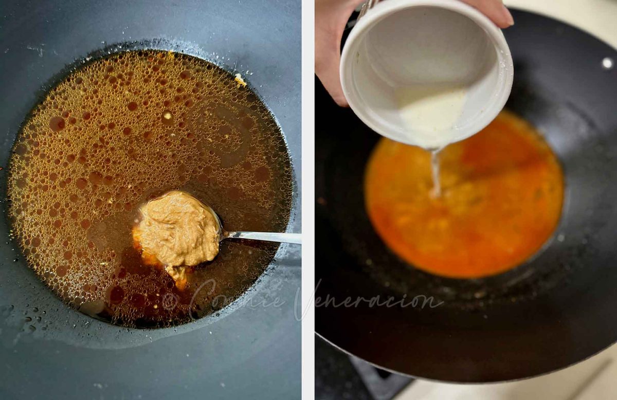 Mixing peanut butter with pork sauce and thickening with starch