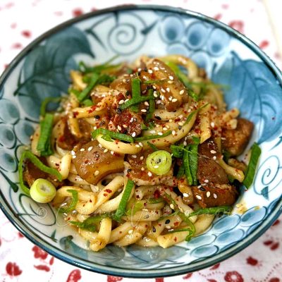 Udon and pork with chili peanut sauce garnished with scallions and sesame seeds