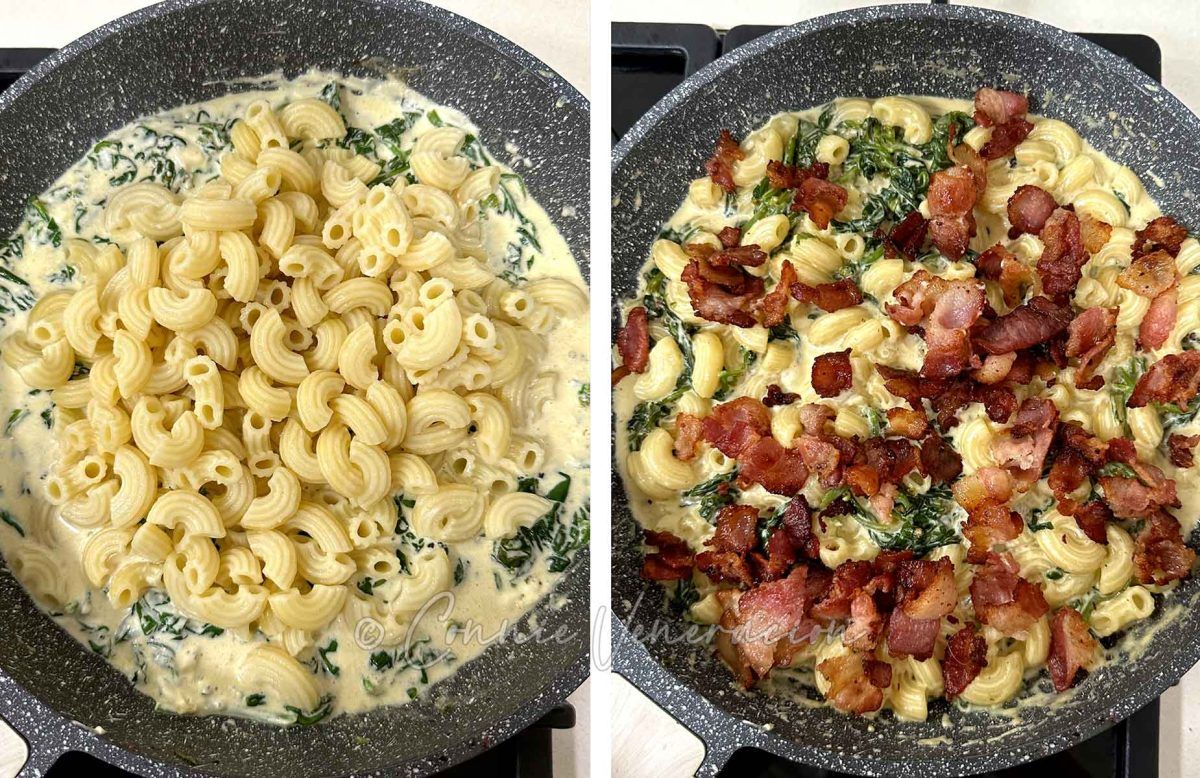 Stirring cooked macaroni and fried bacon into spinach cream cheese sauce
