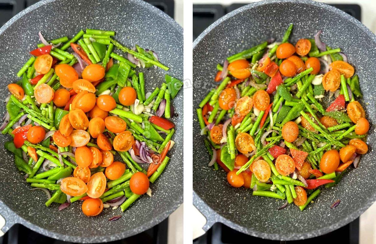 Cherry tomatoes, asparagus and bell peppers in pan