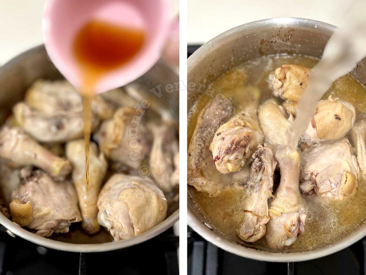 Adding fish sauce and water to chicken in pot