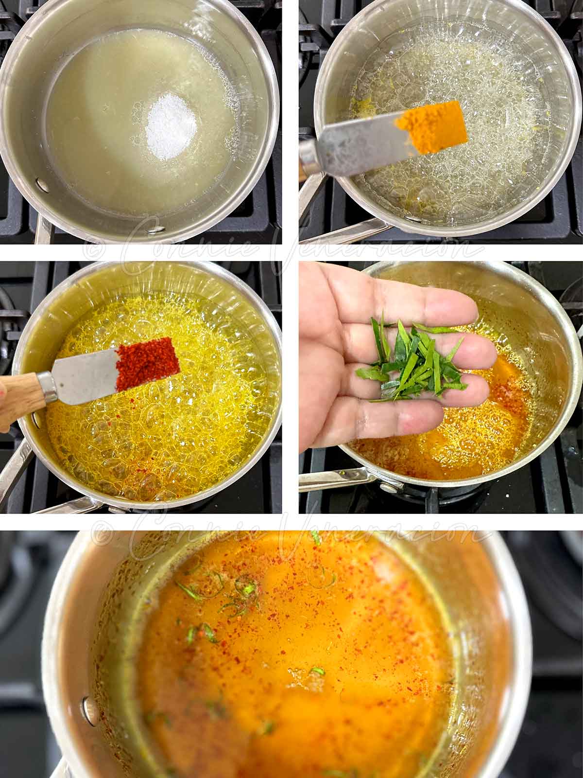 Making lemon sauce with lemon juice, sugar, turmeric, chili flakes, kaffir lime leaves, grated ginger and salt