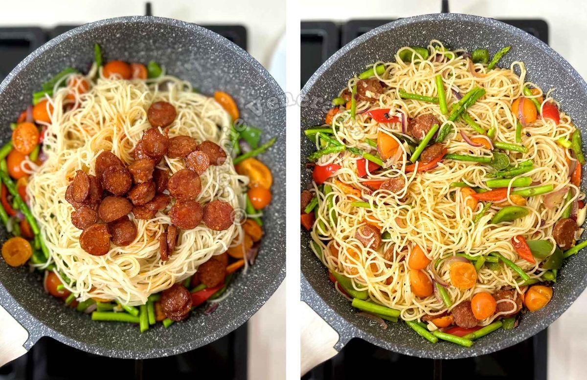 Cherry tomatoes, asparagus and bell peppers, pasta and browned chorizo in pan