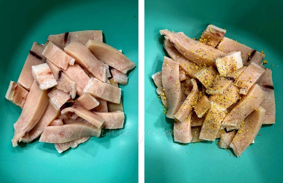 Sliced swordfish belly fillets with lemon pepper seasoning