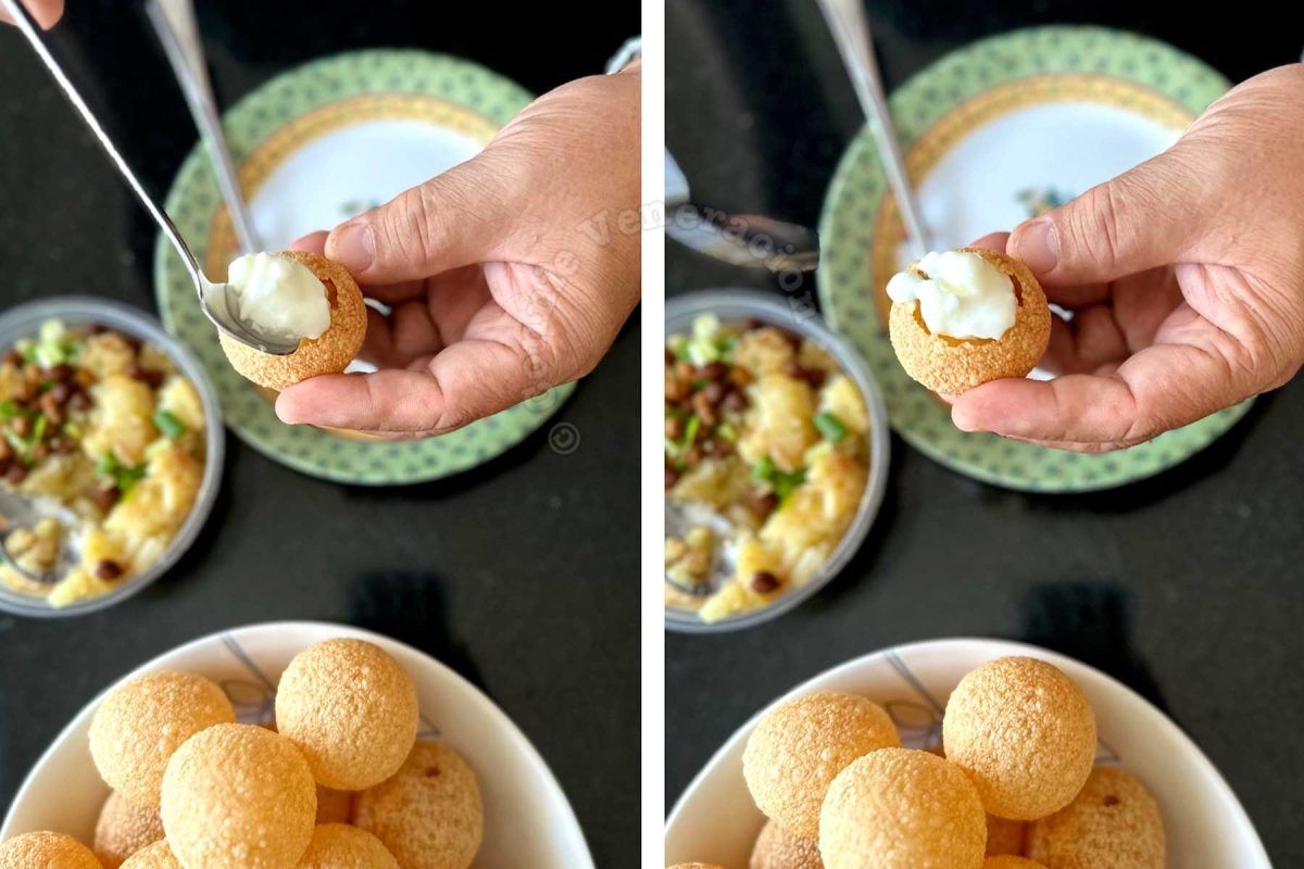 Spooning curd into puri with potato mash