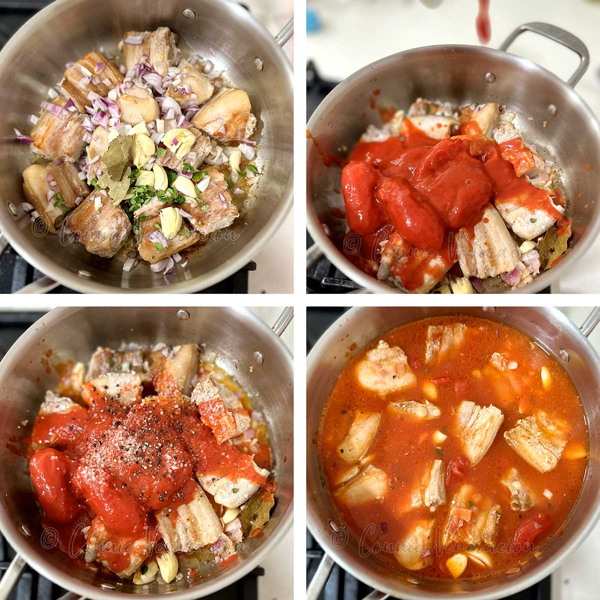 Adding spices, herbs, seasonings and tomato sauce to browned pork belly cubes