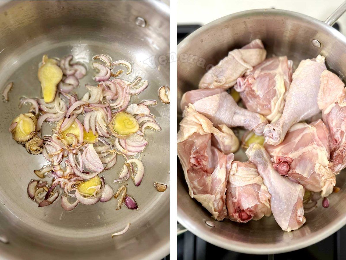 Sauteeing ginger and shallots / browning chicken