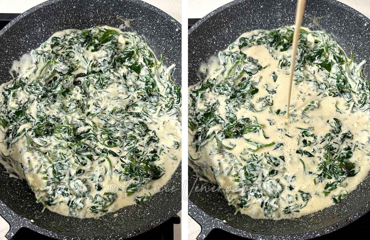 Adding cream to wilted spinach and melted cream cheese