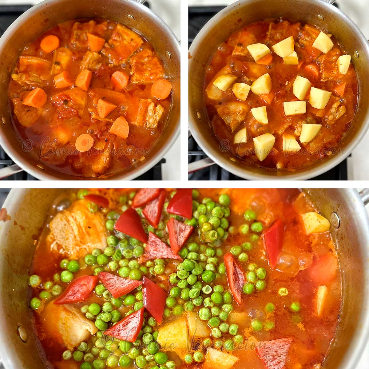 Adding vegetables to pork stewed in tomato sauce
