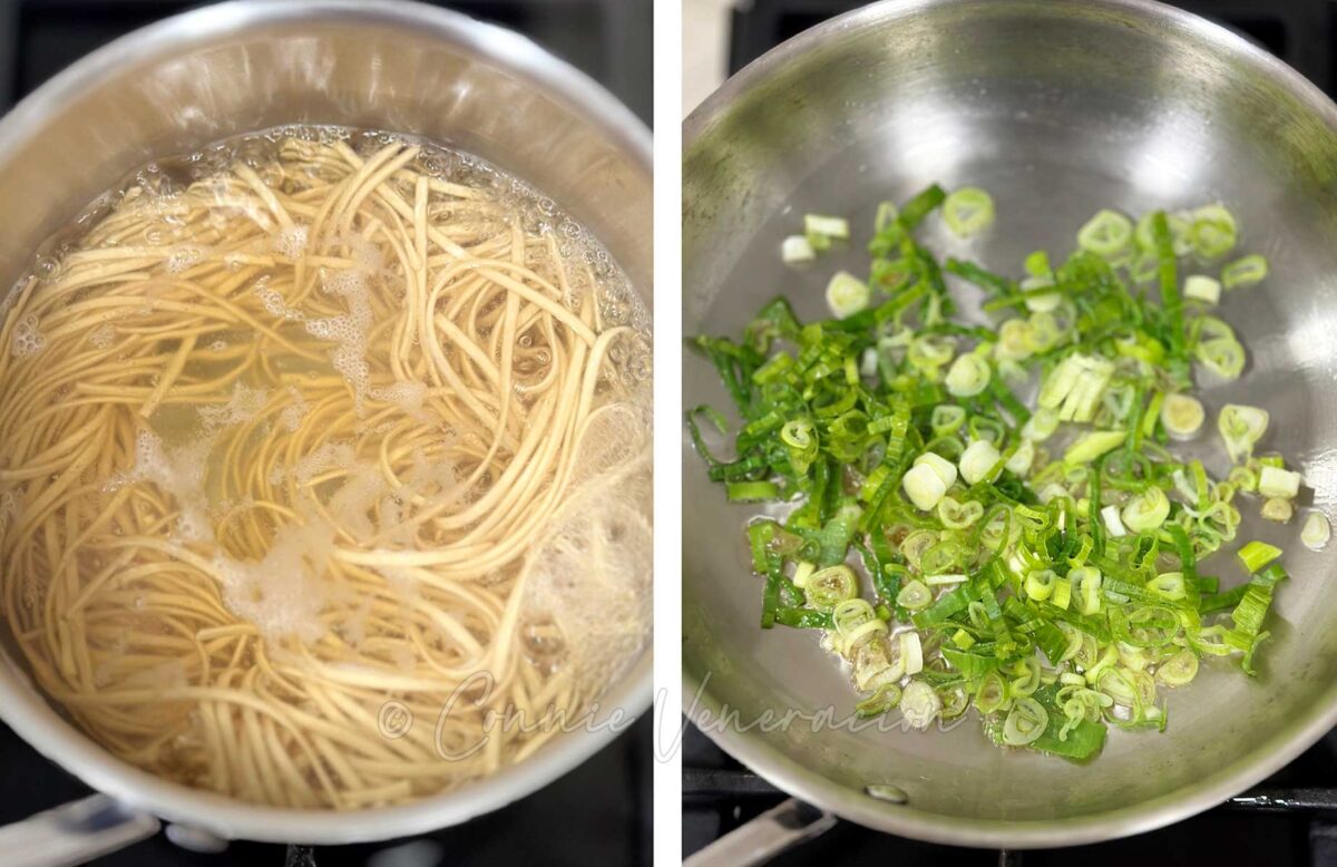Boiling noodles / frying scallions