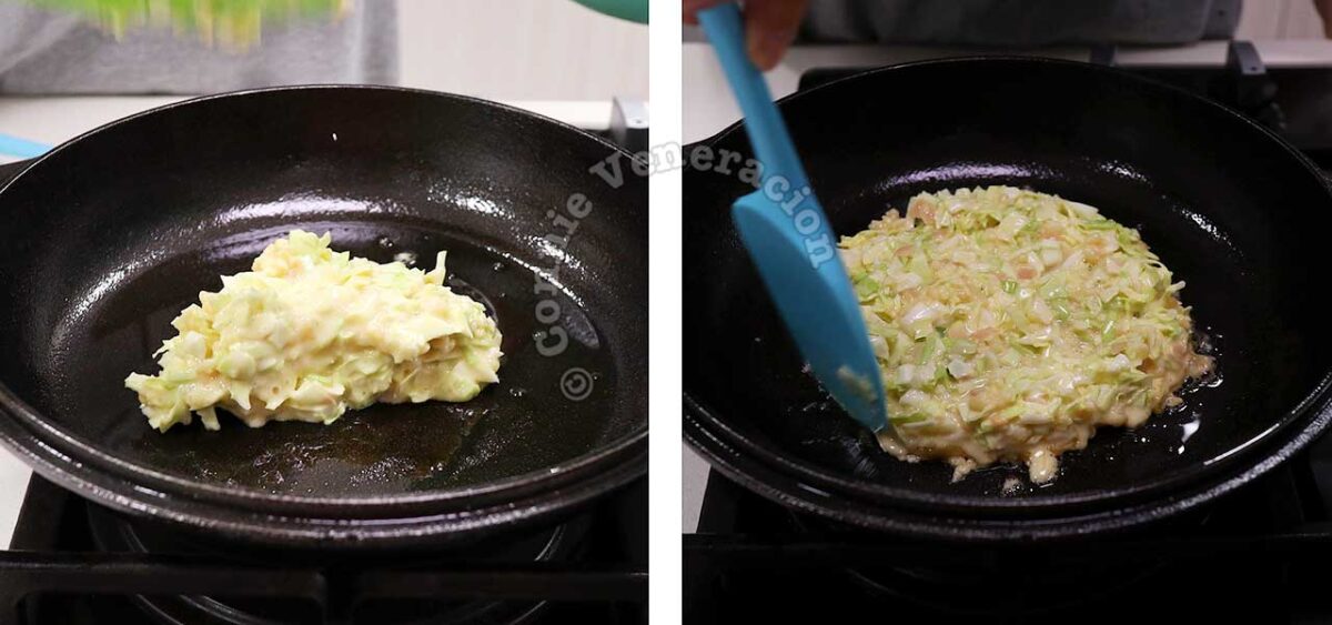 Shaping okonomiyaki in cast iron pan