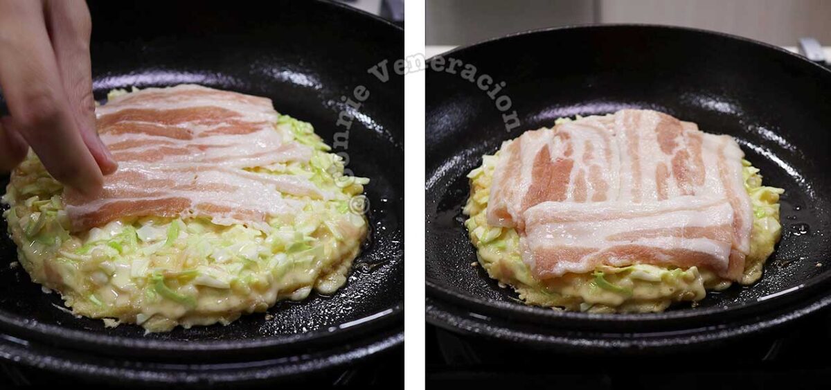 Adding pork belly to partially cooked okonomiyaki