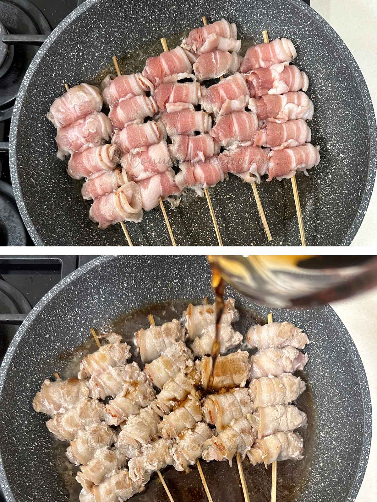 Searing skewered pork belly and pouring teriyaki sauce