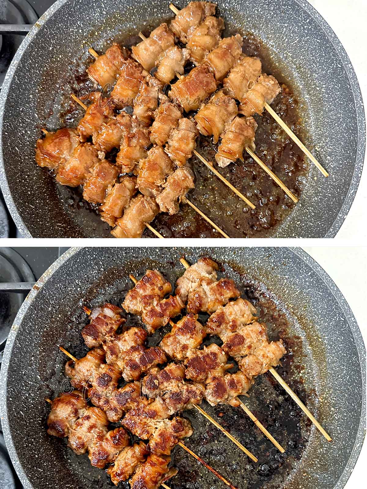 Skewered pork belly braising in teriyaki sauce