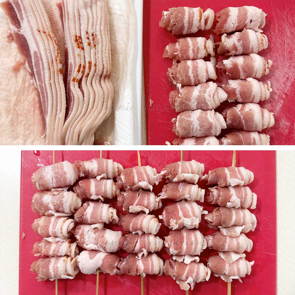 Rolled and skewered bacon-cut pork belly