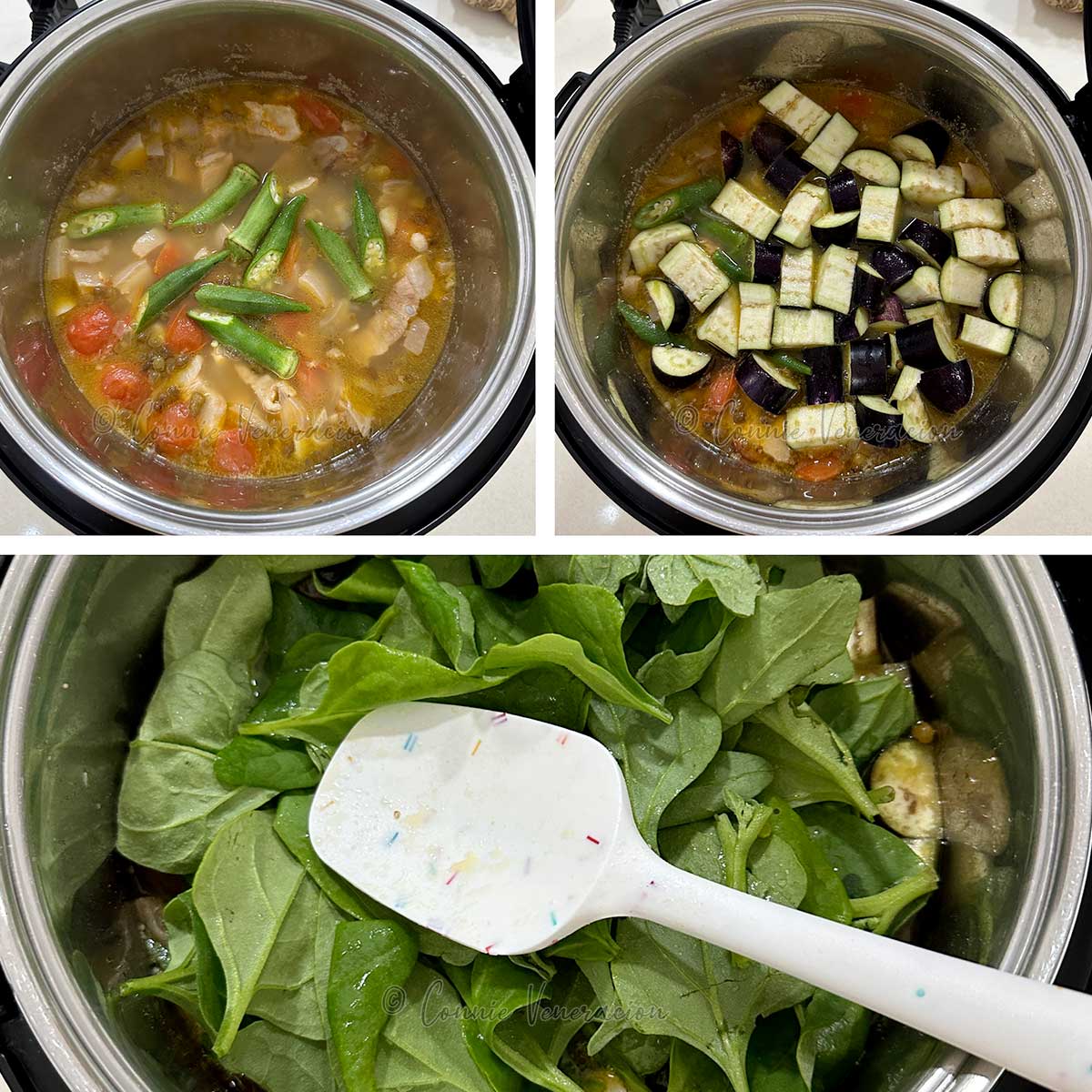 Adding okra, eggplants and spinach to pork and mung beans in slow cooker