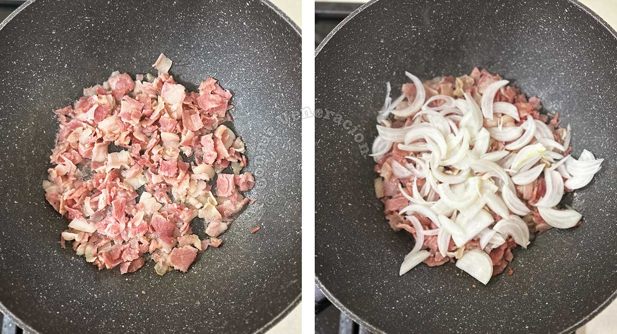 Cooking bacon and onion slices in wok