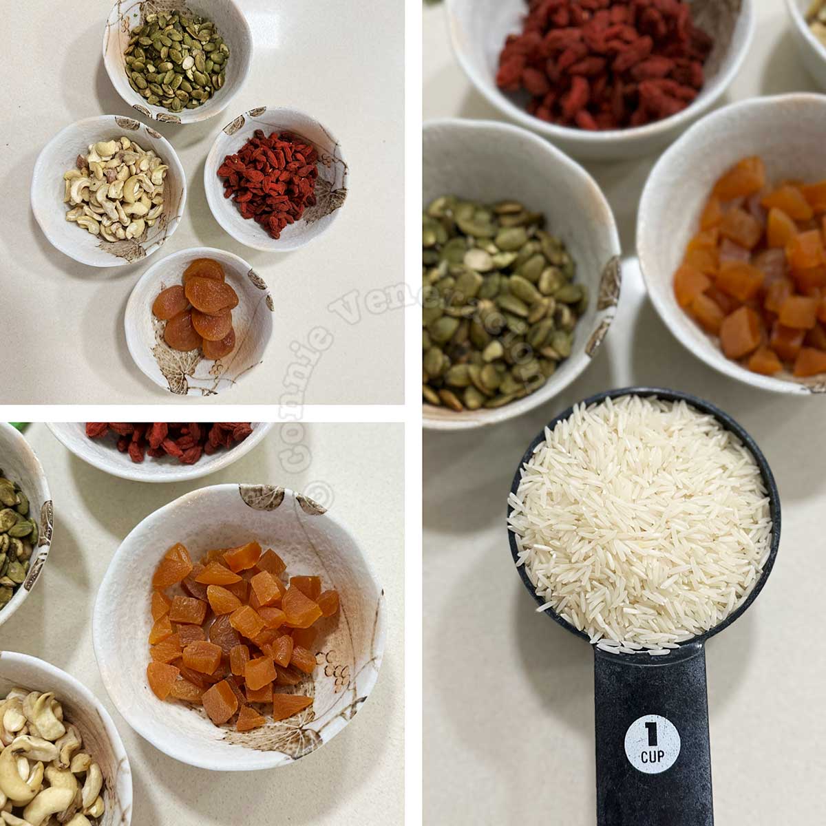 Pumpkin seeds, wolfberry (goji), apricots, cashew nuts and rice