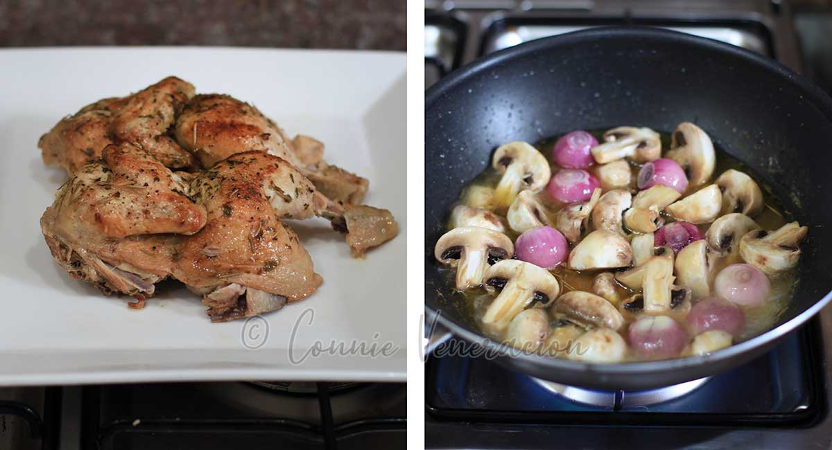Chicken on plate / mushrooms and pearl potatoes in pan