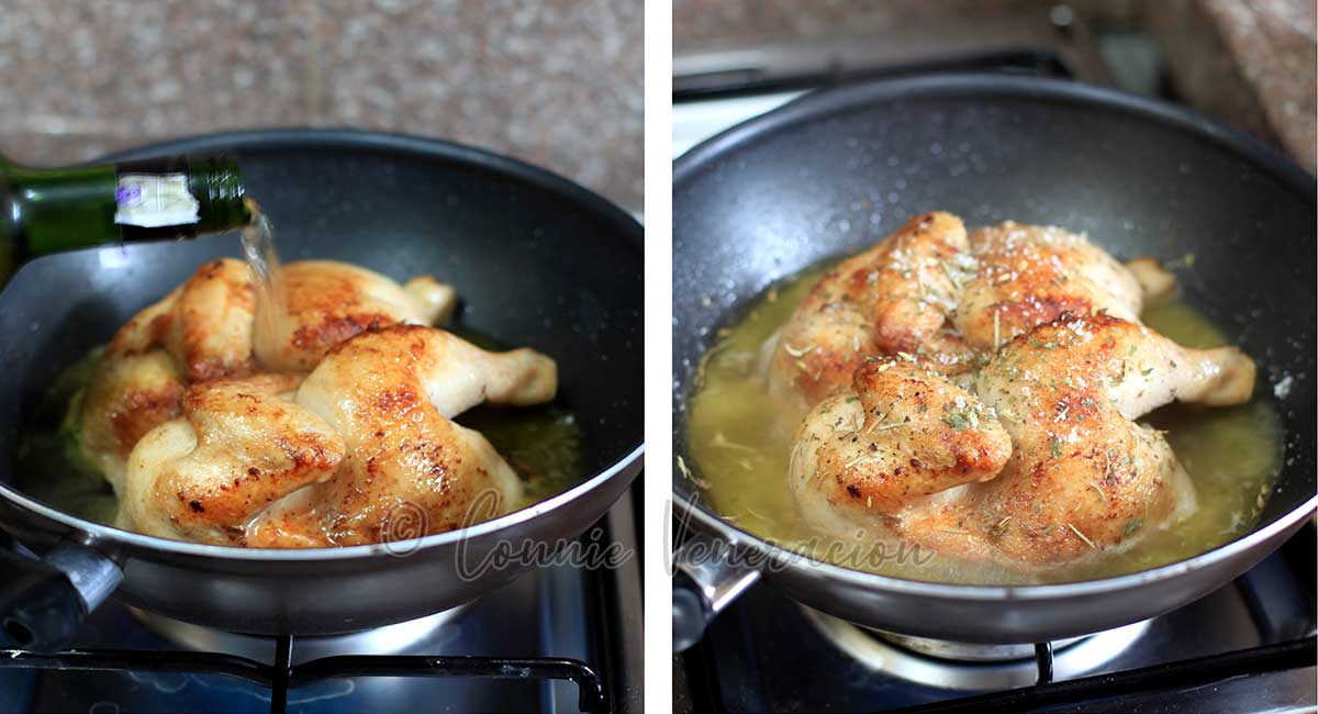 Braising butter-browned chicken with rosemary and thyme