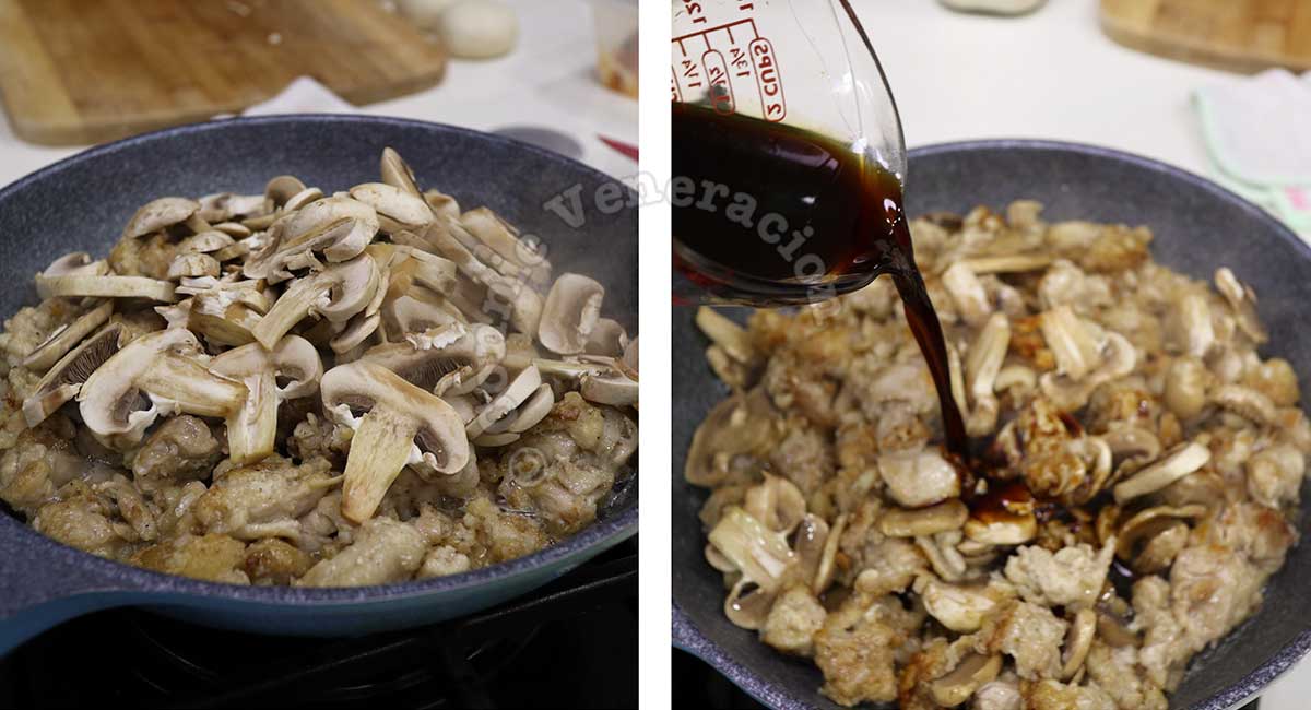 Adding mushrooms and sauce to browned chicken in pan