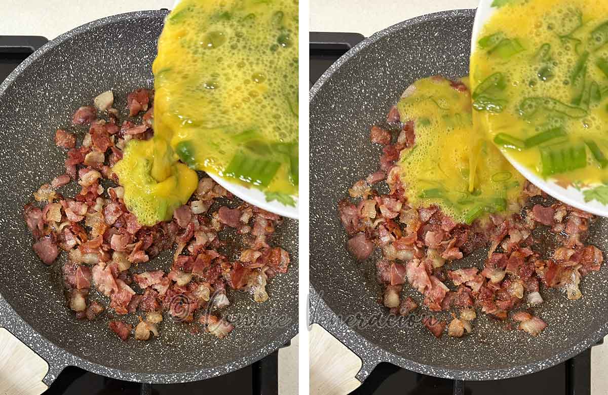 Pouring scrambled eggs over browned bacon in pan