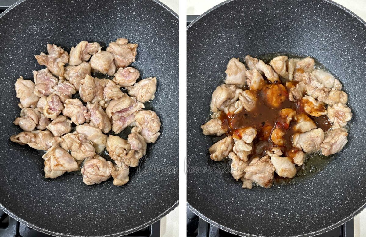 Stir frying velveted chicken and adding sauce