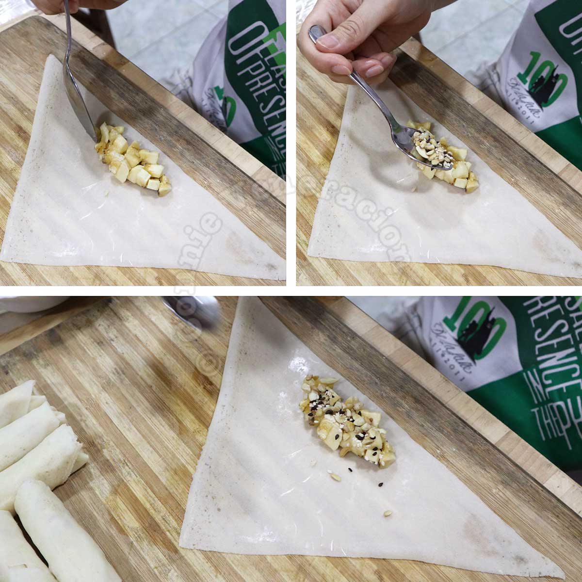 Filling spring rolls wrappers with banana, cashew nuts and sesame seeds