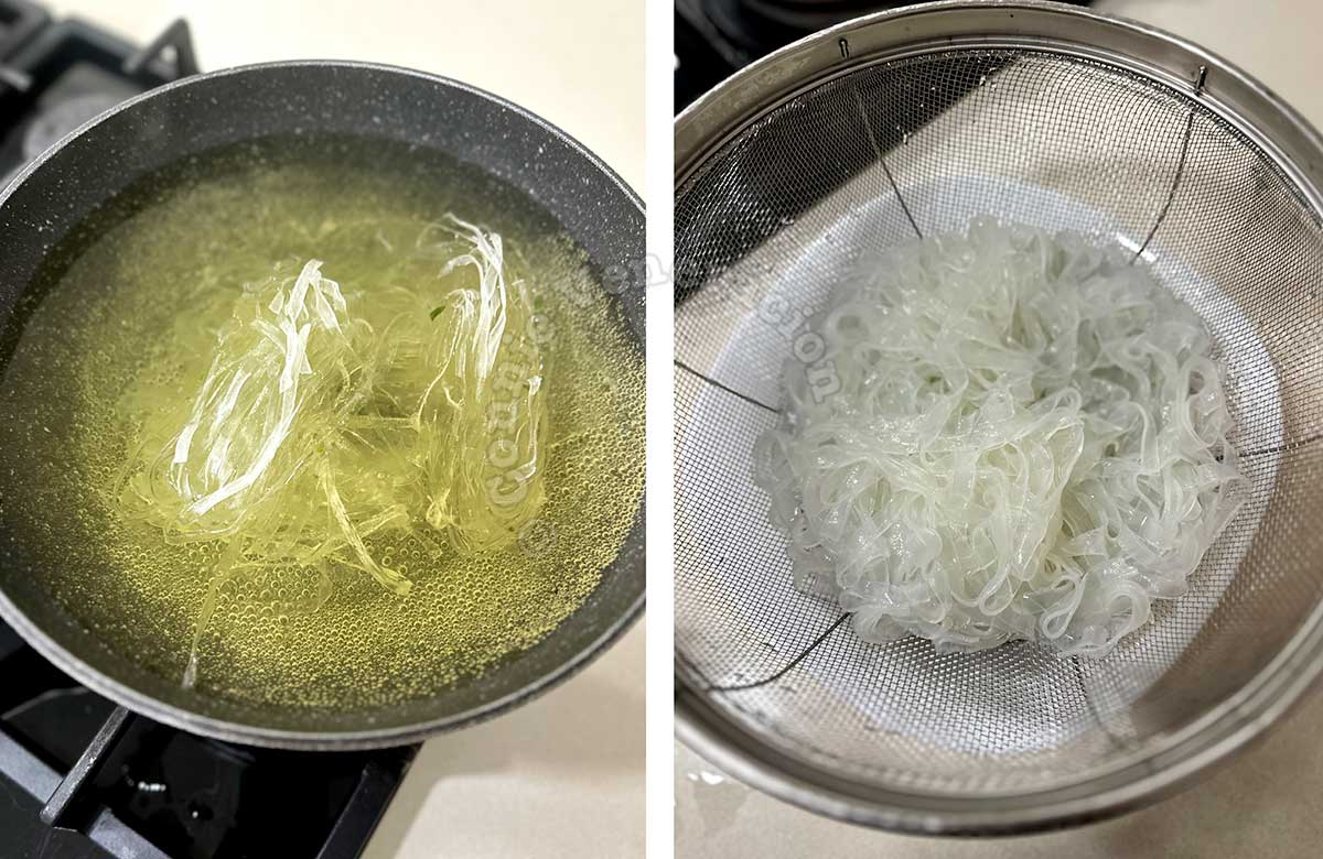 Boiling mung bean noodles in water