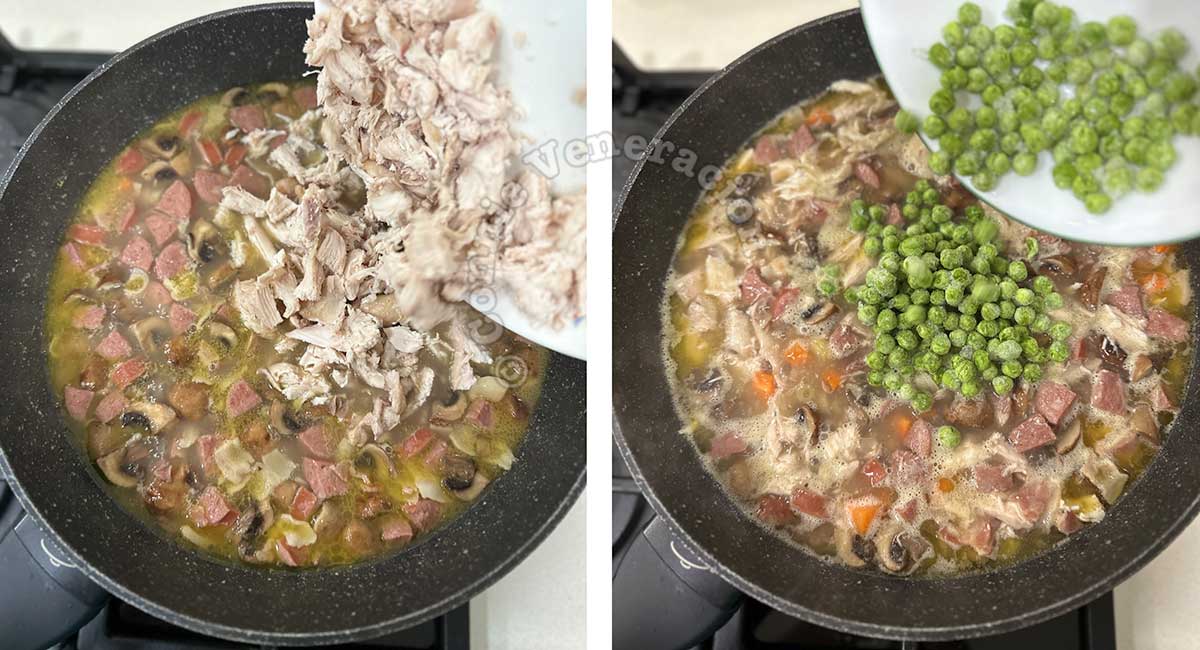 Adding chicken and peas to soup in pan