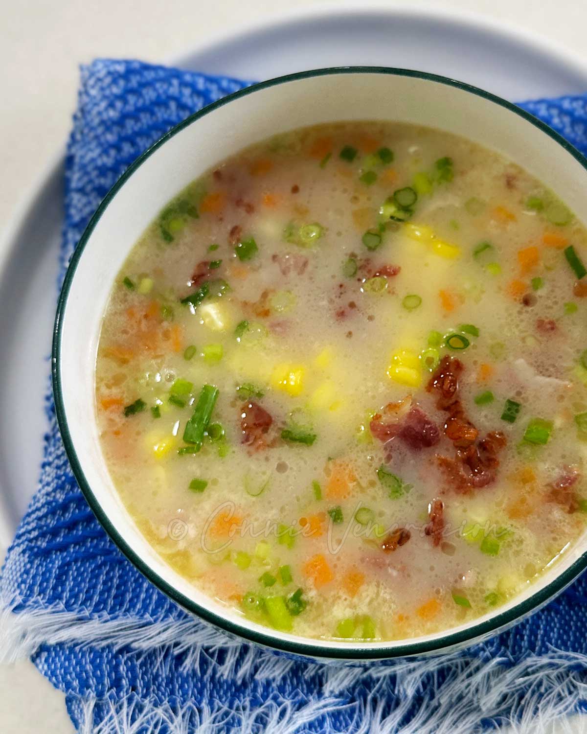 Corn, carrot and bacon soup