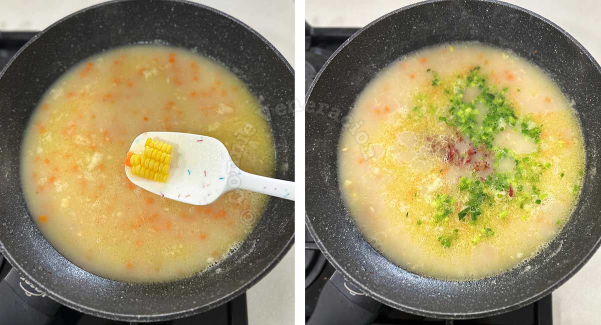 Corn, carrot and bacon soup