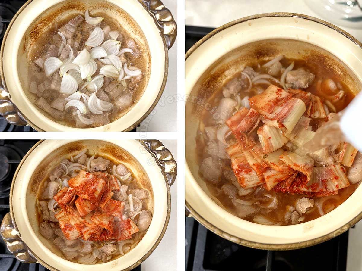 Adding onion, kimchi and water to pork in claypot