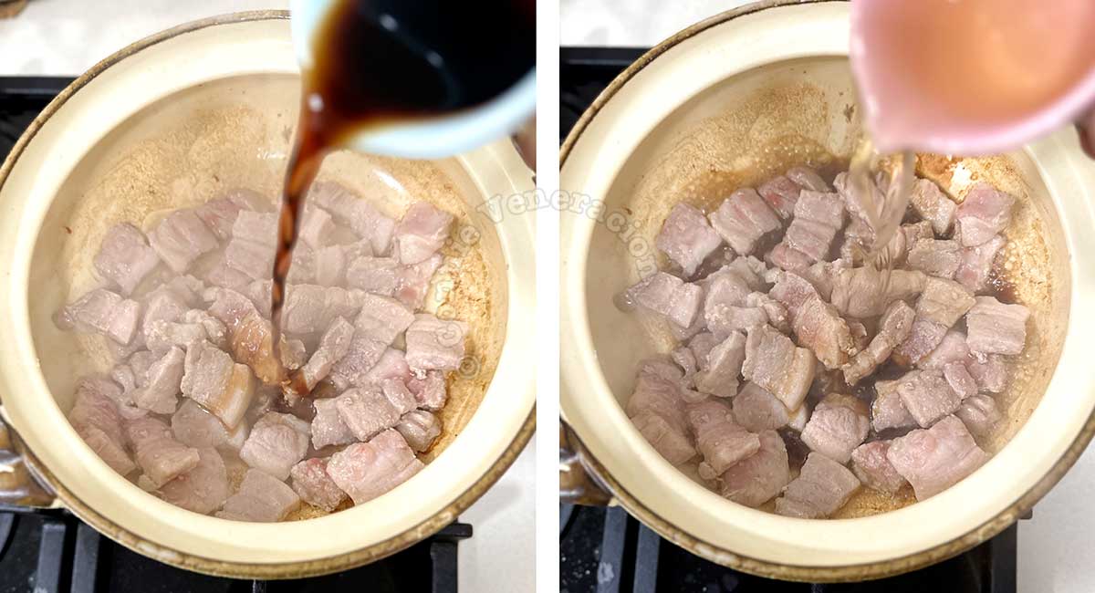 Pouring soy sauce, sake and mirin over pork in claypot