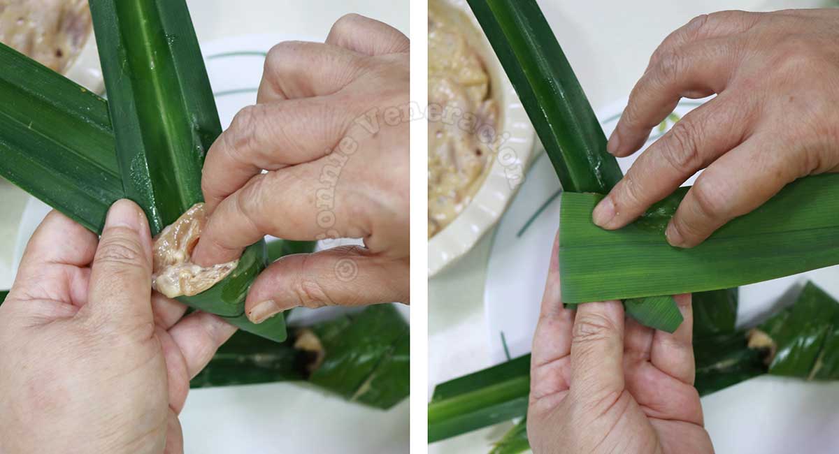 How to stuff chicken in folded pandan leaf