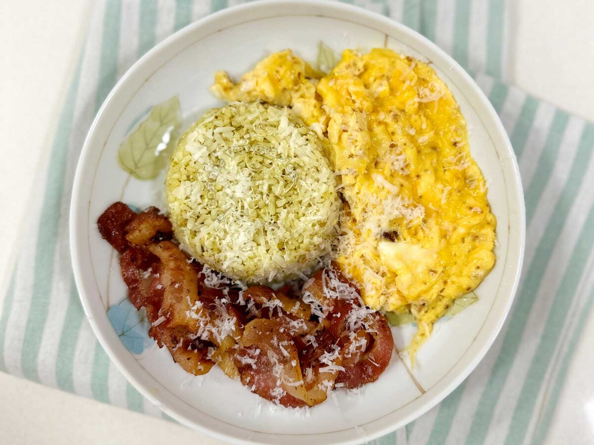 Bacon, egg and pesto rice breakfast
