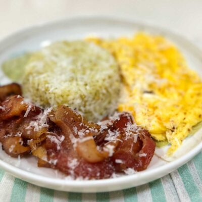 Bacon, egg and pesto rice breakfast