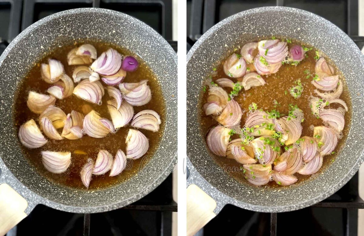Boiling onion slices and scallions in dashi-based broth